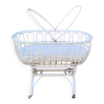 Bed crib bamboo rattan with wheels, white, with handle, vintage, 60s