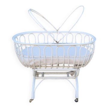 Bed crib bamboo rattan with wheels, white, with handle, vintage, 60s