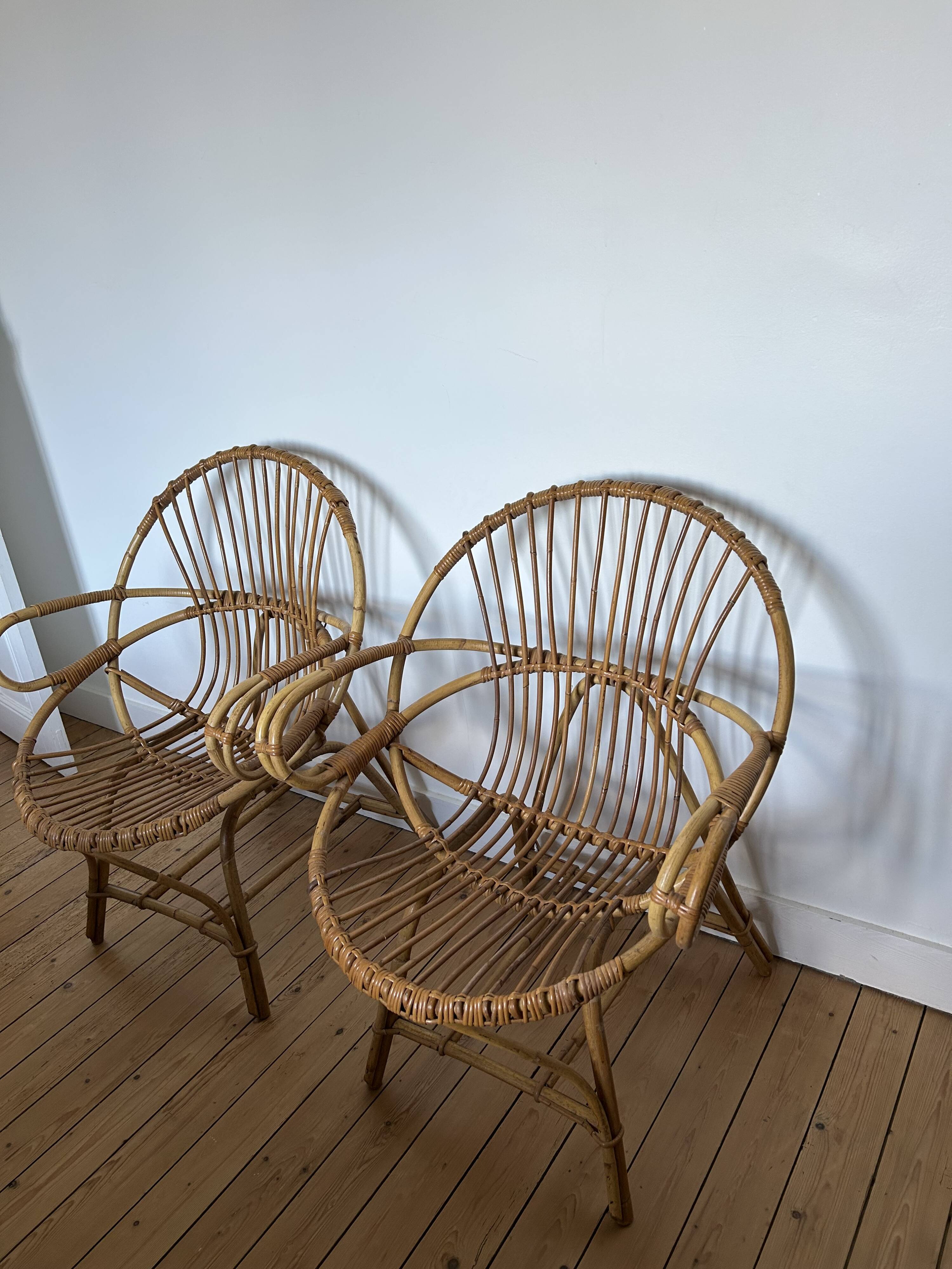 Pair of 1970s rattan shell chairs