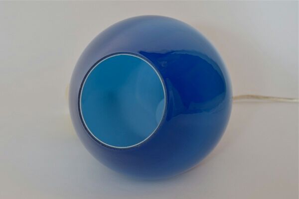 Holmegaard pendant lamp large model in blue blown glass and teak, Denmark, Poulsen