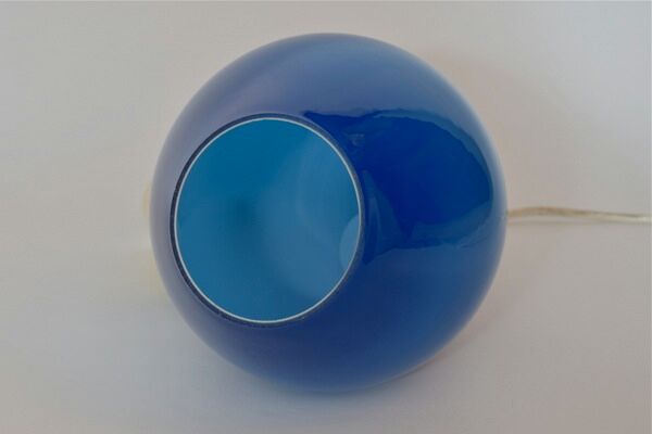 Suspension Holmegaard  grand modele en verre soufflé bleu et teck, Danemark, Poulsen