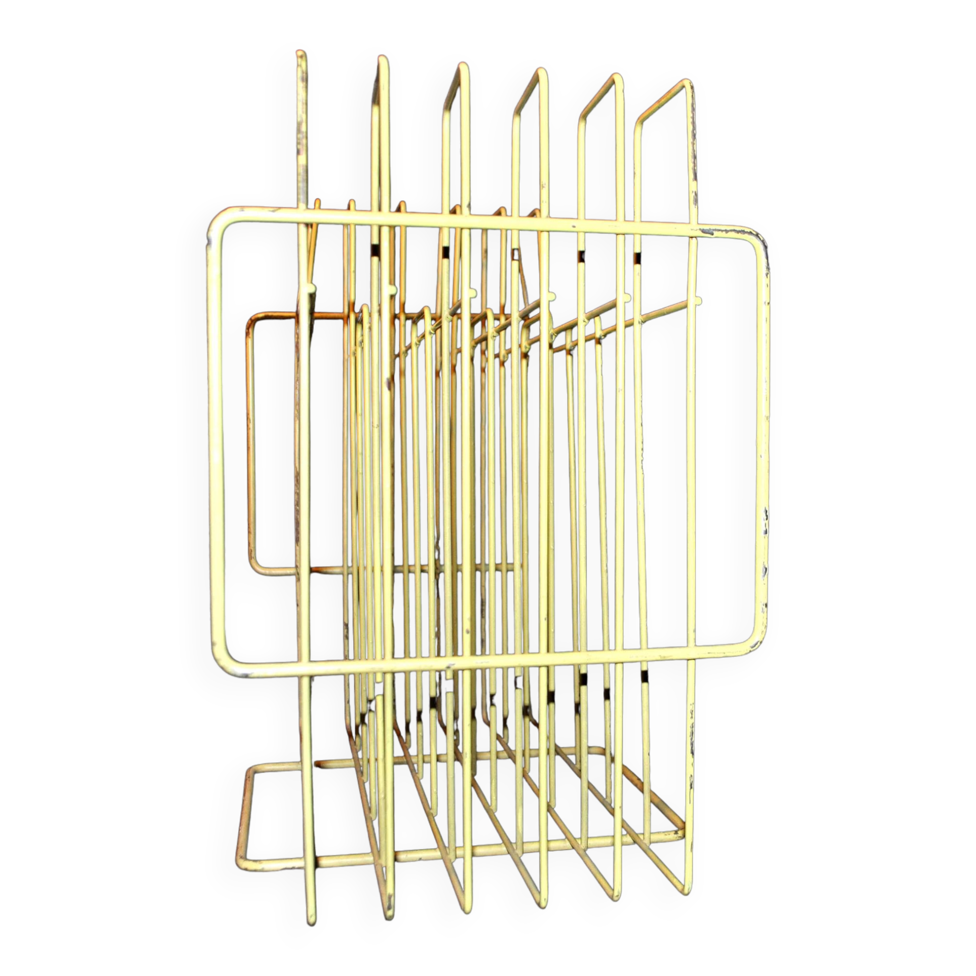 Vinyl record holder / graphic design magazines in yellow metal 1960-1970