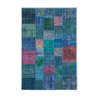 Handmade turkish overdyed 205 cm x 300 cm blue patchwork rug
