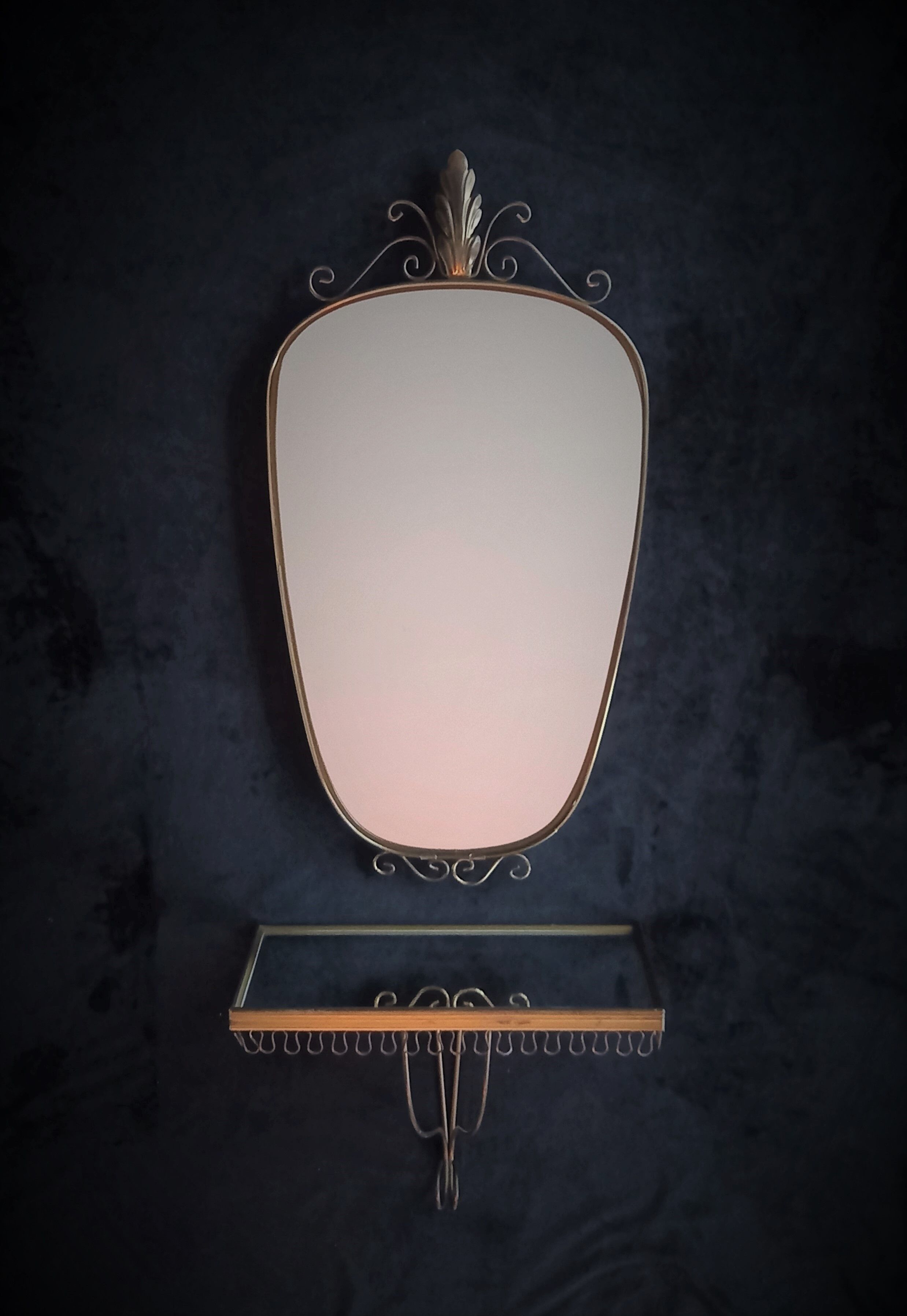 Mirror set and wall lamp in gold metal by deknudt, 1960s