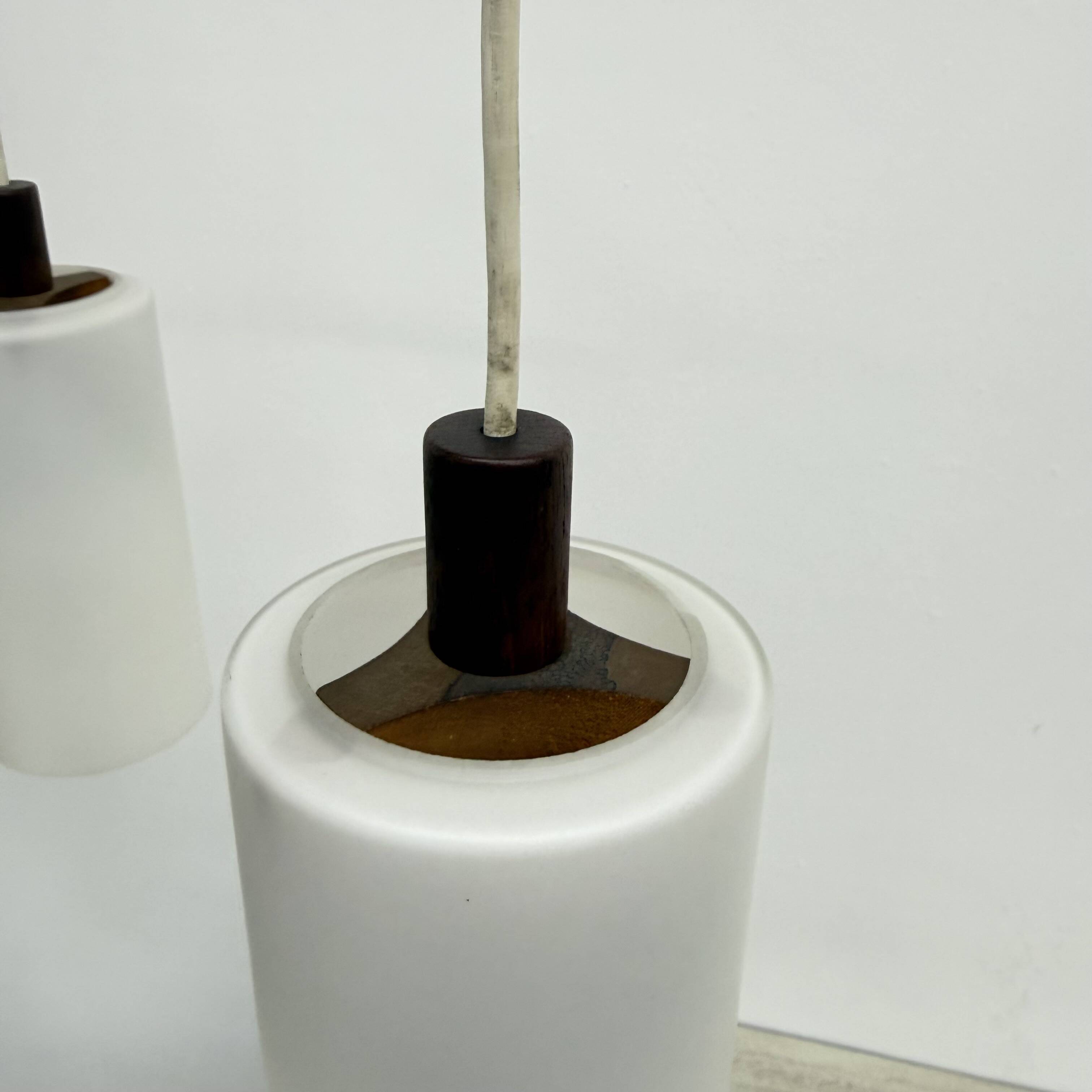 Mid-century design pendant lamp teak and opaline glass, 1970s