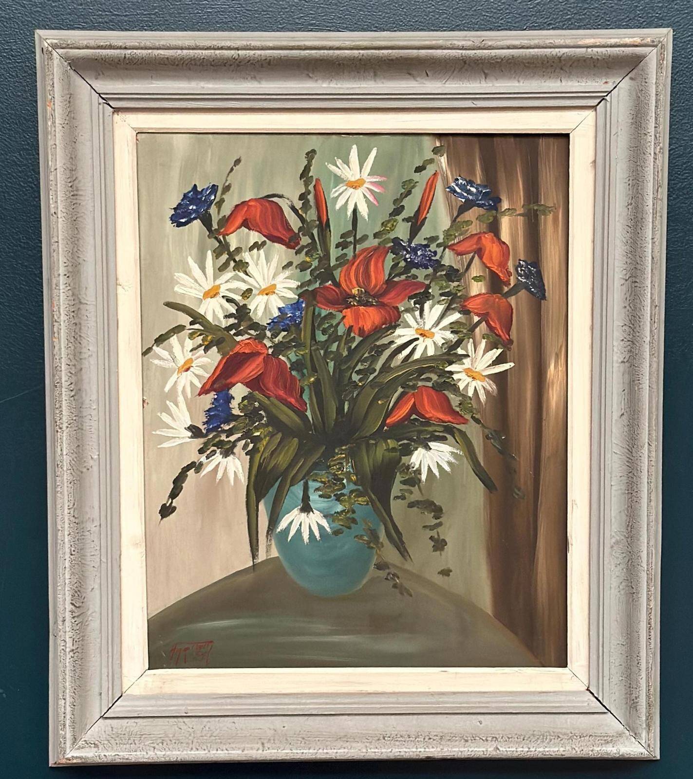 Huile sur panneau d'origine – “Bloomer” par Hartiviq – Datée de 1954 – Vintage et encadrée – 57 × 66 cm (22,4" × 26")