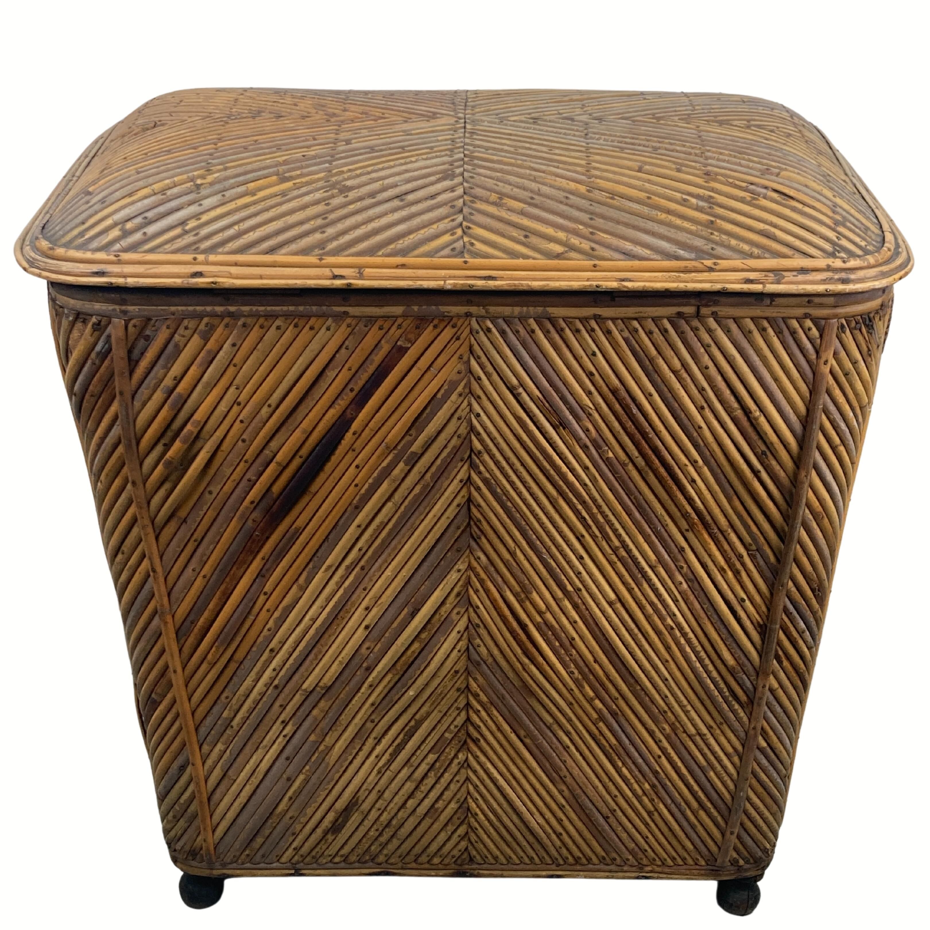 Vintage pencil split reed rattan bamboo wicker chest, 1930s-1950s