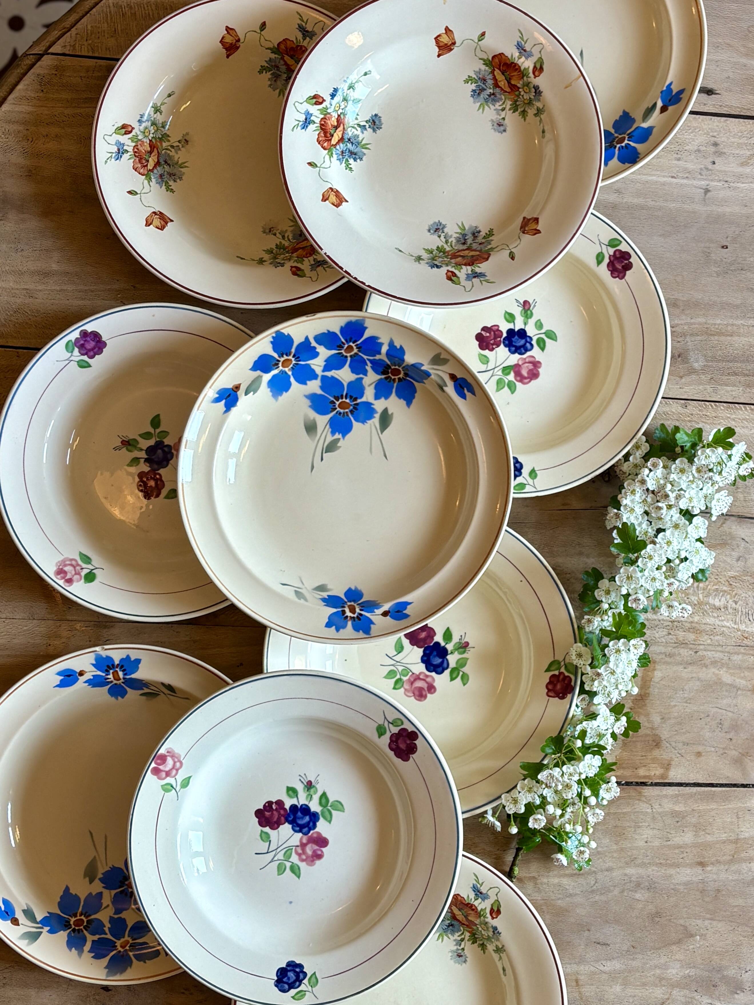 Set of 10 mismatched vintage soup plates