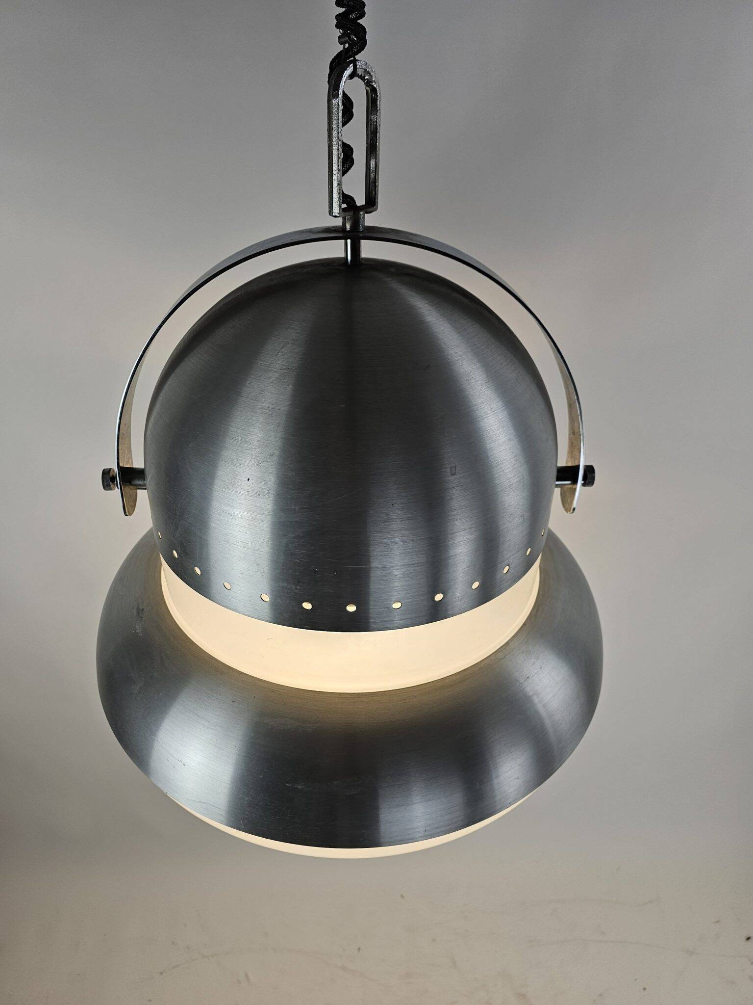 Large pendant lamp in brushed metal and opaline glass, Italy 1970s