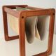 Vildbjerg magazine rack, Danish Mid Century Modern magazine rack in teak and suede