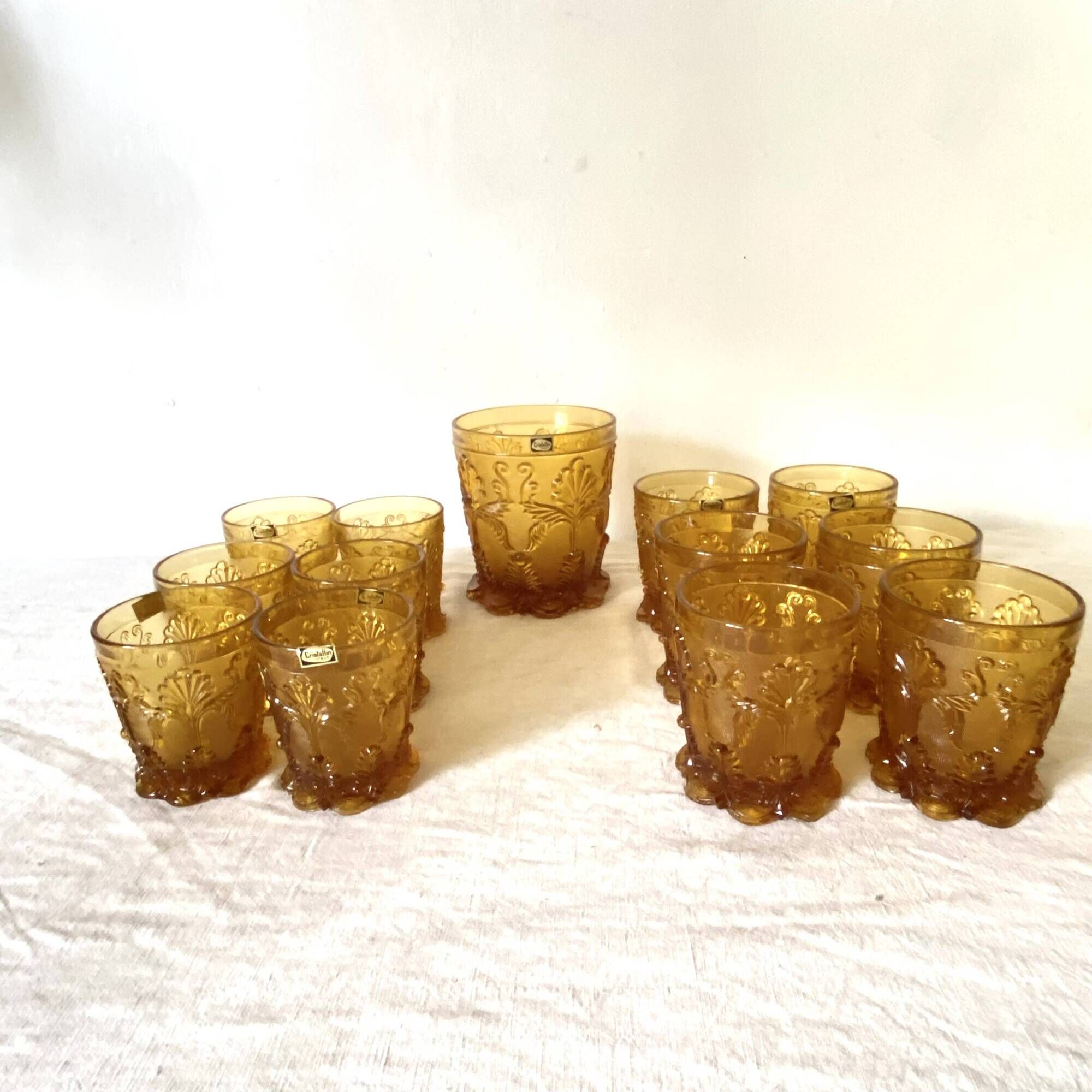 Glasses and ice bucket baroque style amber glass Italy 70s