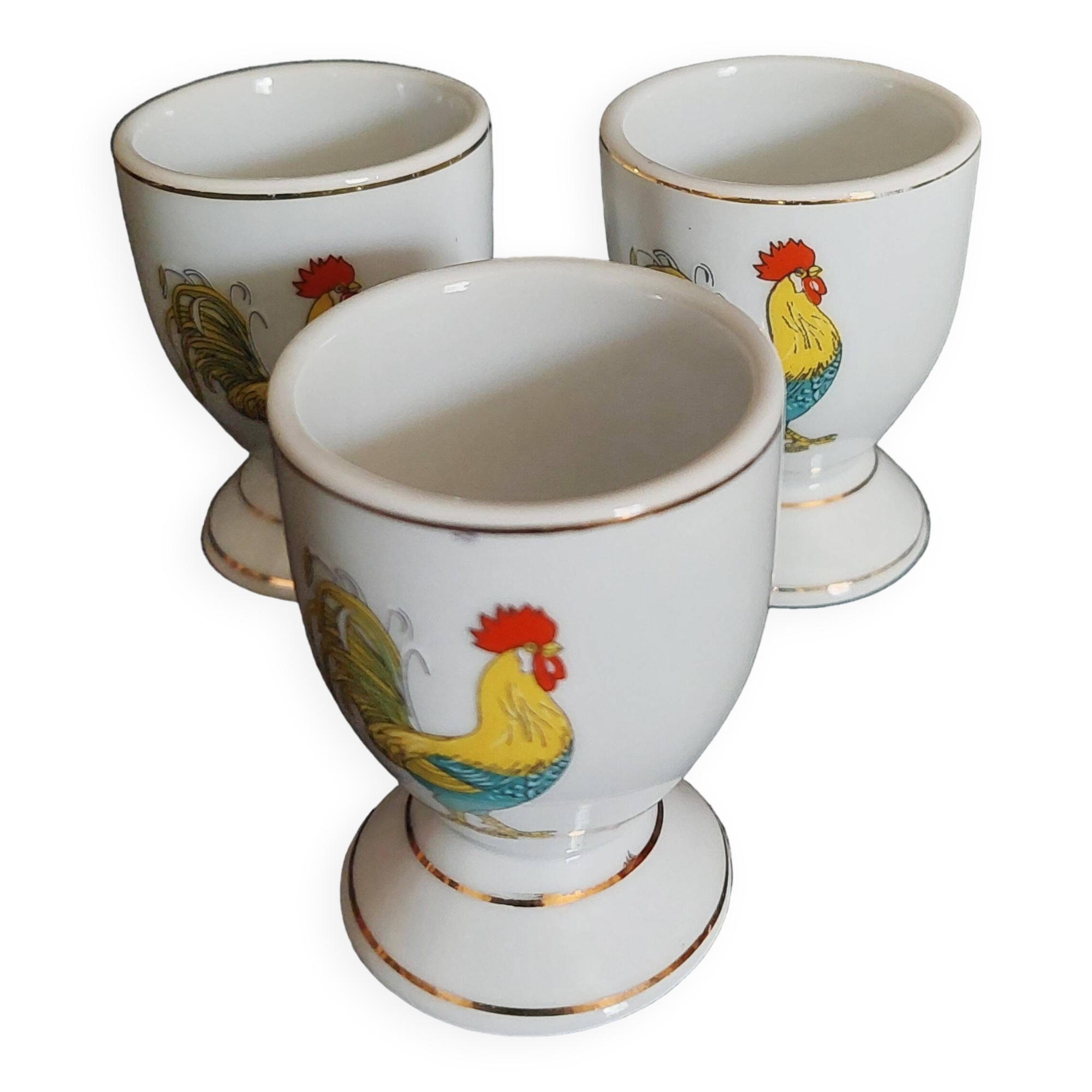 Porcelain egg cups with rooster decoration, set of three