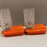 Bathroom lamps in a nice orange colour with a crystal glass shade and a base of hard thin plastic