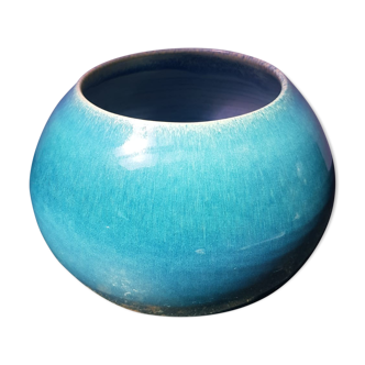 Ancien vase boule céramique bleu années 70 décoration vintage