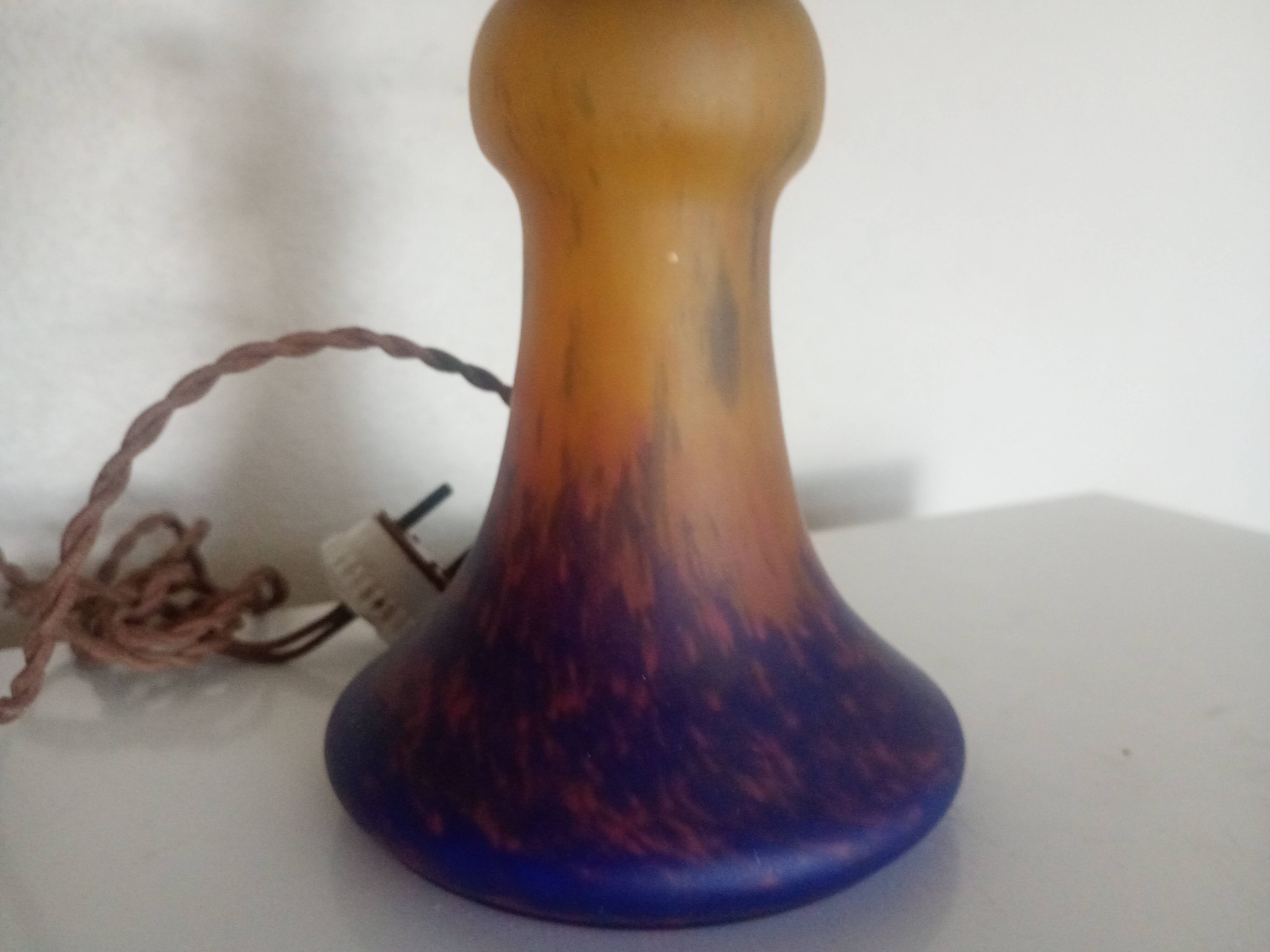 Müller Frères - Pied de Lampe verre marmoréen orange bleu & fer forgé