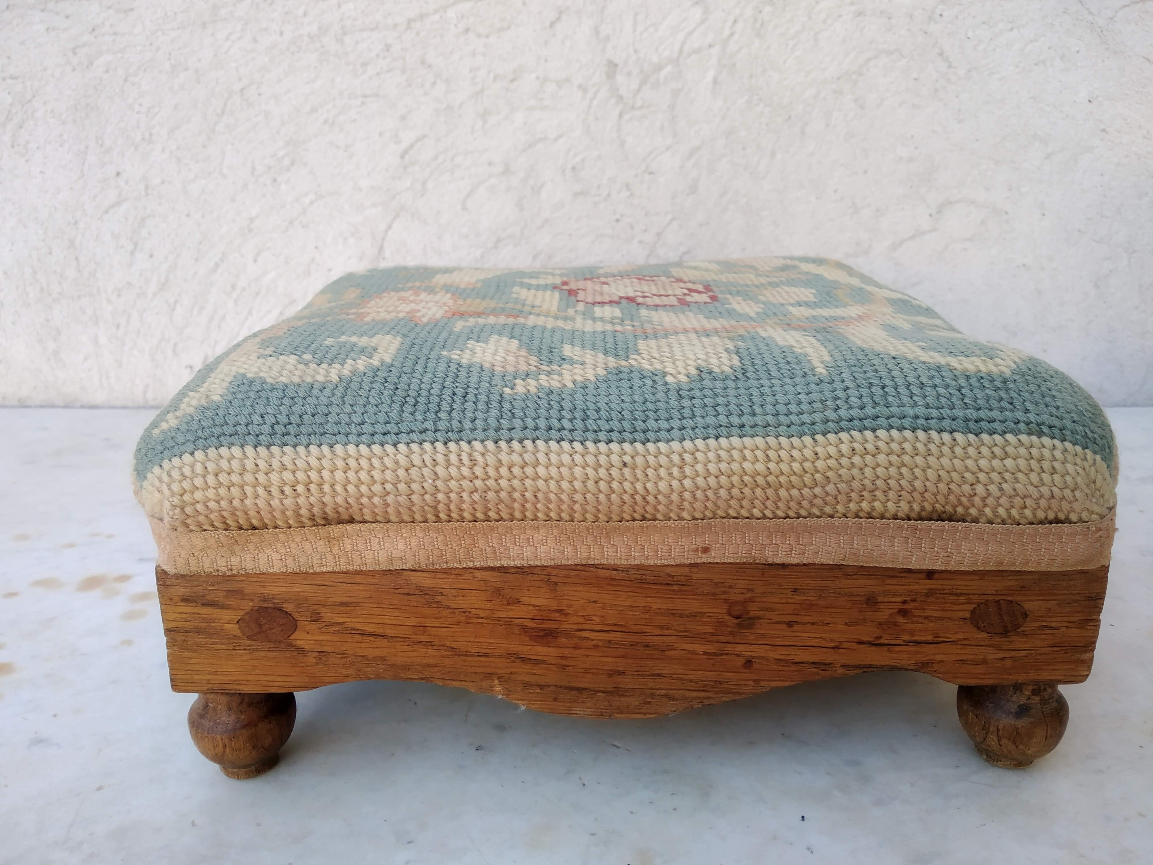 Small antique footrest stool lined canvas