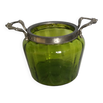 Pot à biscuits, bonbonnière Napoléon III Art Nouveau en verre et métal argenté