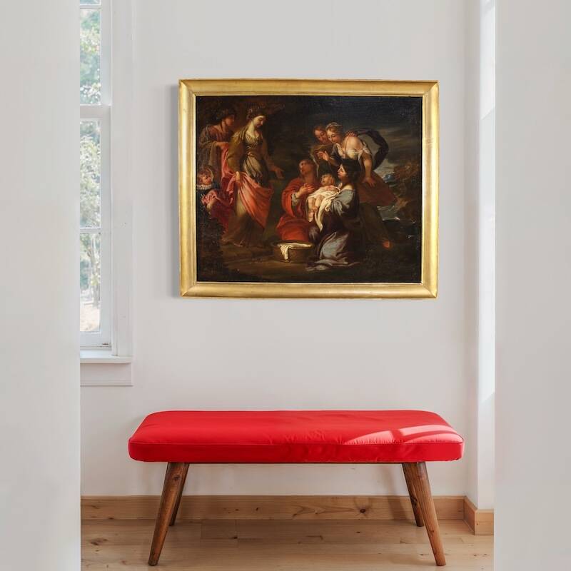 Antique Italian painting Moses saved from the waters from the 17th century