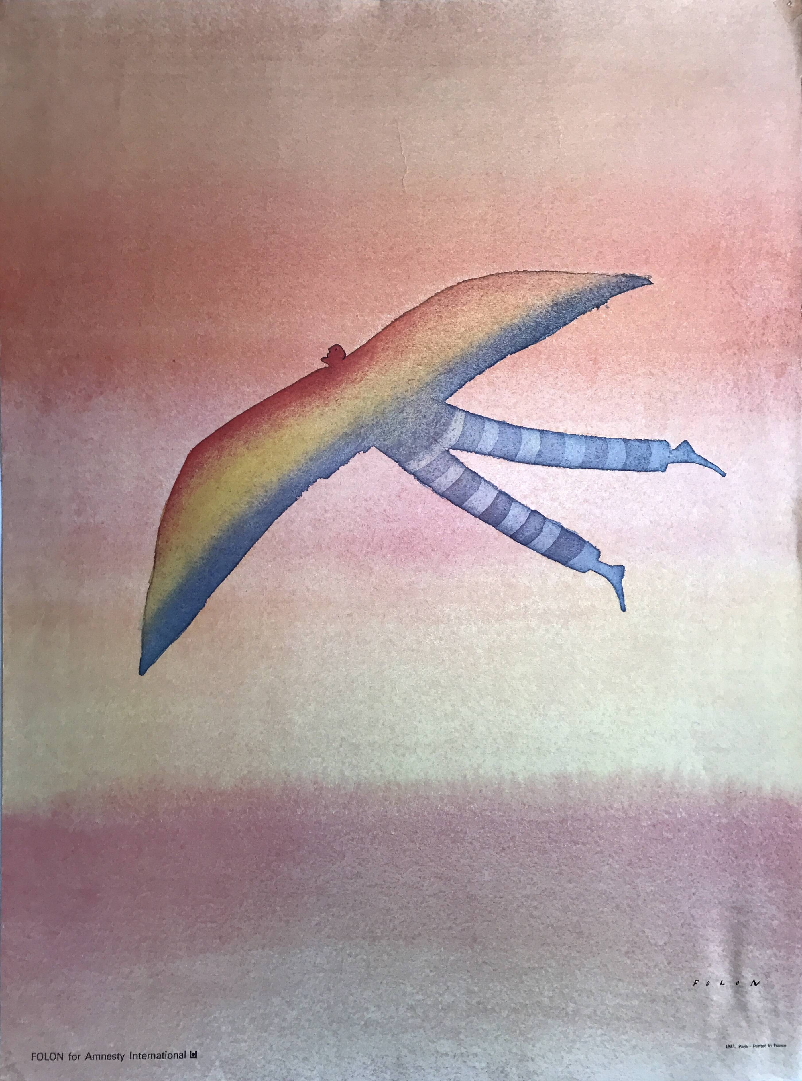 Jean-michel folon, folon for amnesty international, 1977. original poster