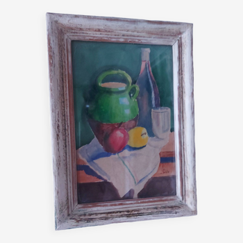 Painting, watercolor, signed Ode, Provence, still life, jug