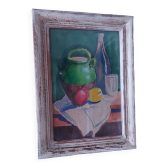 Tableau , aquarelle ,signé Ode , Provence , nature morte , cruche