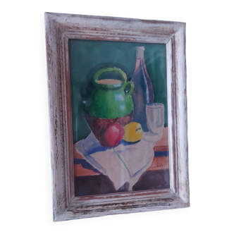 Painting, watercolor, signed Ode, Provence, still life, jug