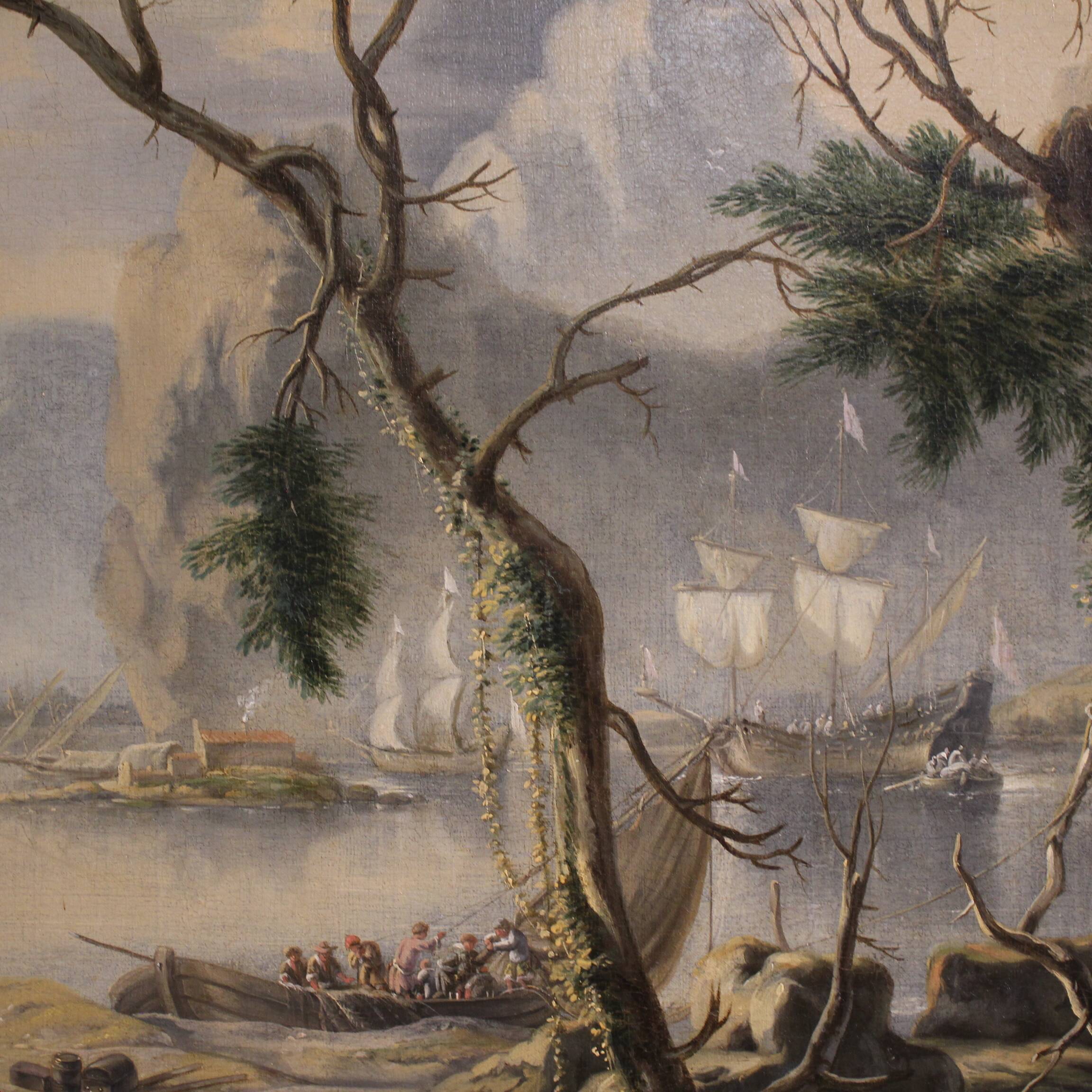17th century Flemish painting, large landscape with sailing ships