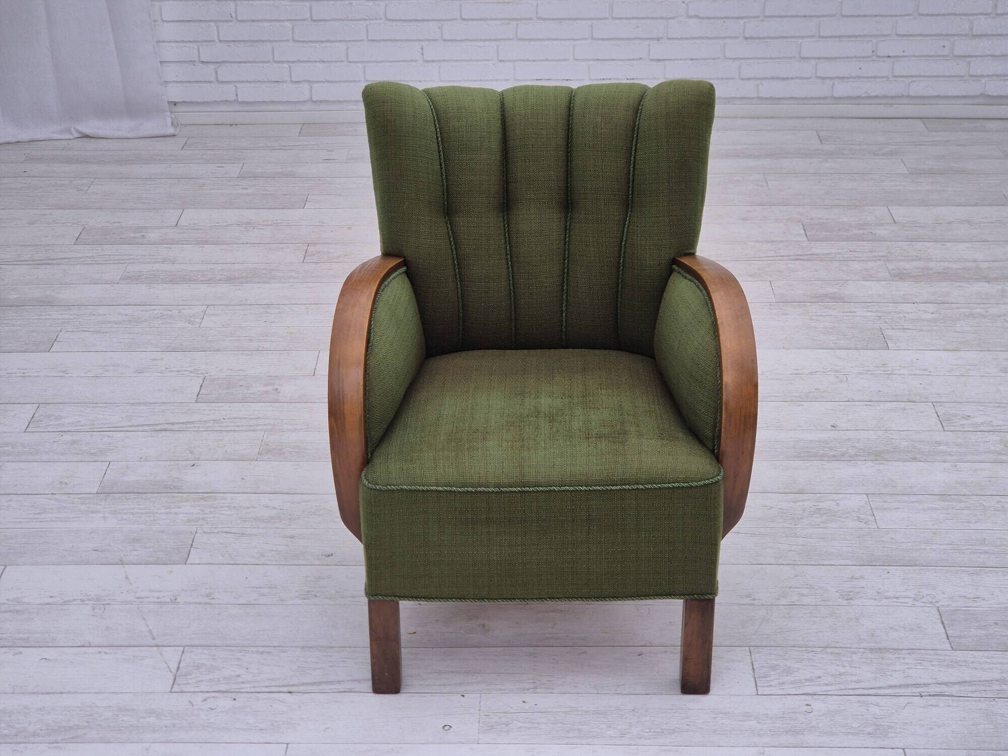 1950s, Danish artdeco armchair, green furniture wool, beech wood, original.
