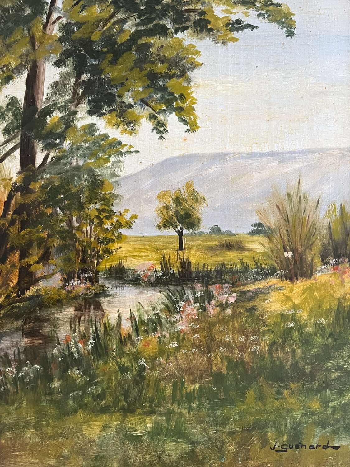 Peinture ancienne huile sur bois paysage verdoyant Joseph Guénard