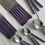 Set of 24 stainless steel and purple plastic cutlery