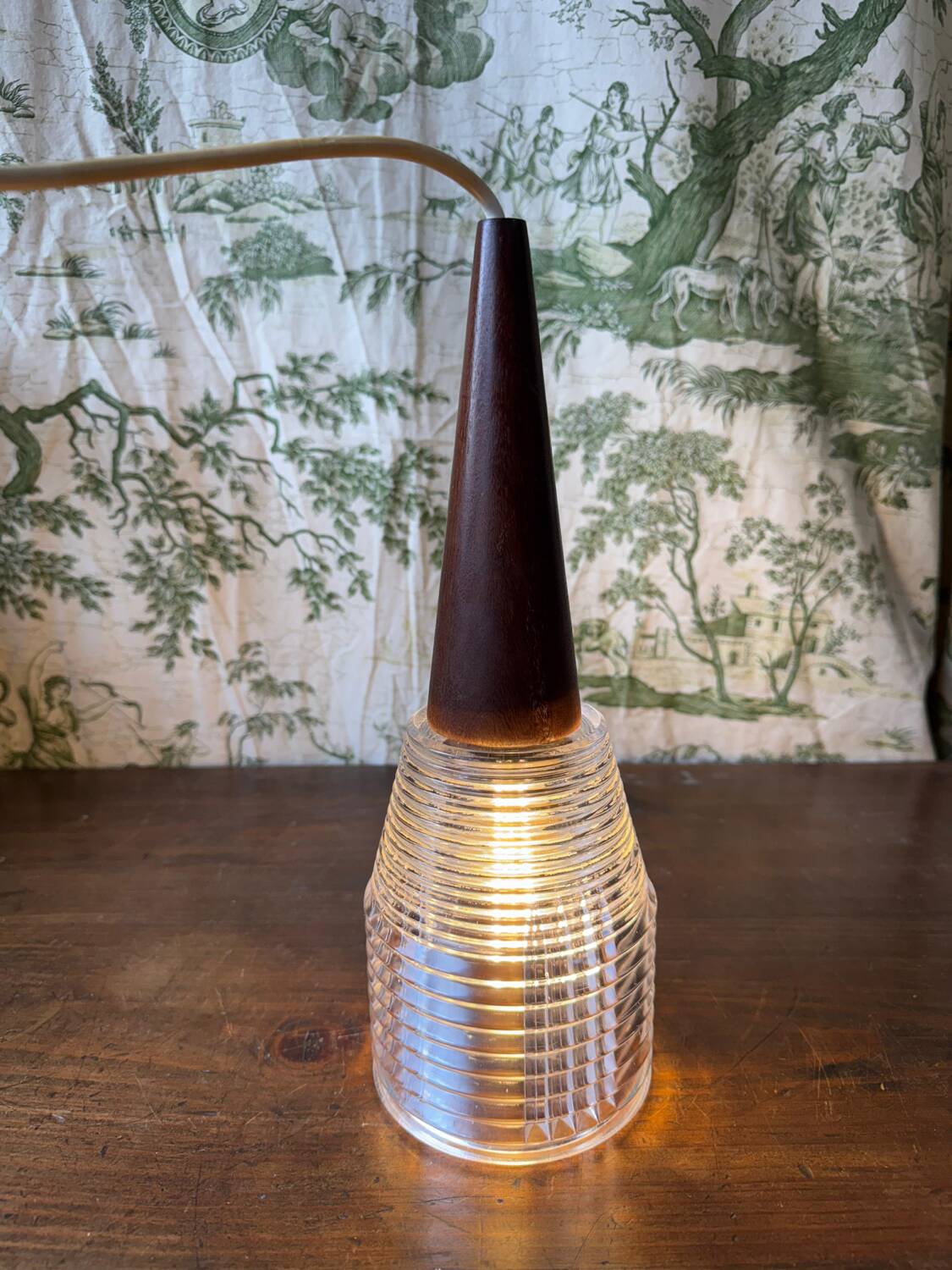 Vintage Scandinavian teak and holophane glass pendant light. 50s/60s