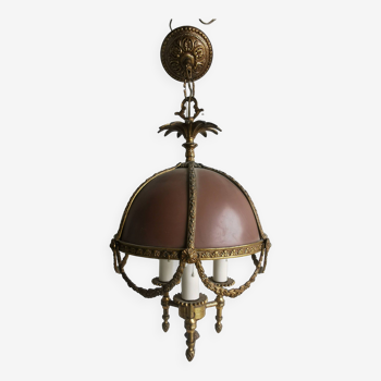 Ancien lustre Bouillotte de style Louis XV en bronze et abat jour en métal Mag