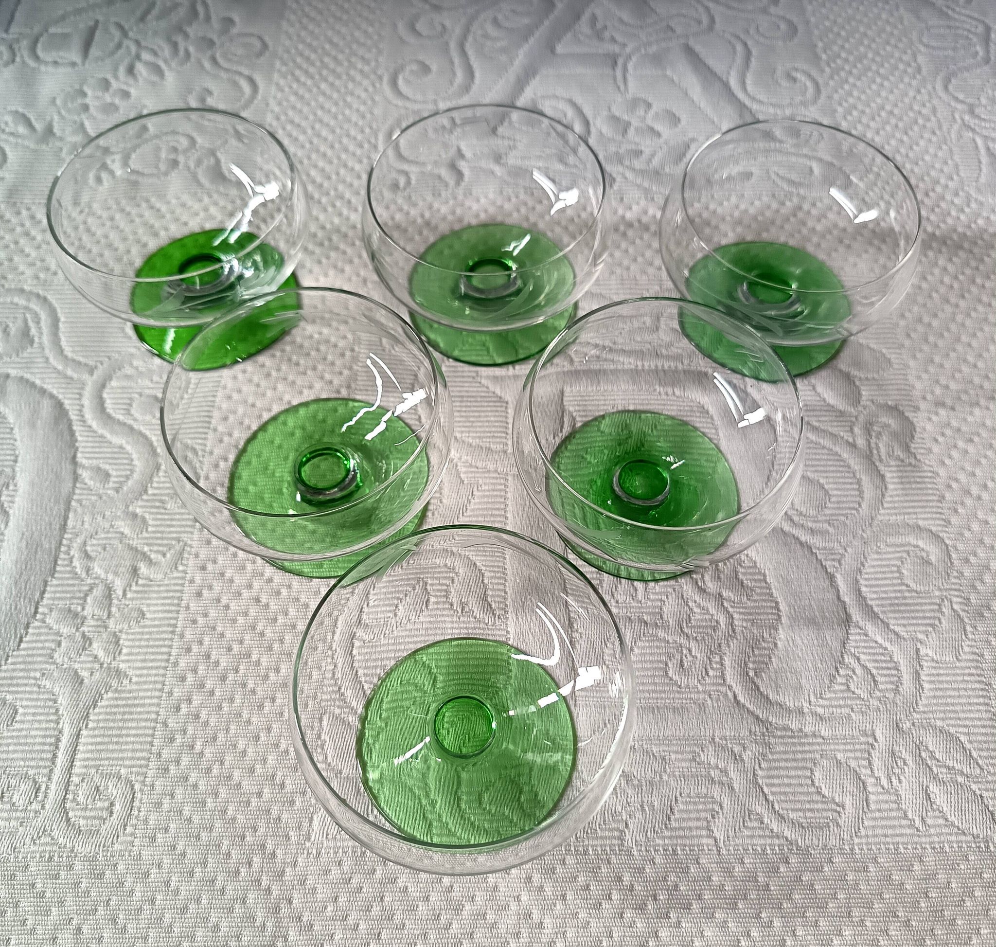 6 superb antique liqueur glasses on green stems, vintage cut glass