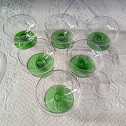 6 superb antique liqueur glasses on green stems, vintage cut glass