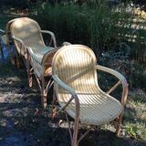 Set of 4 rattan and scoubidou armchairs