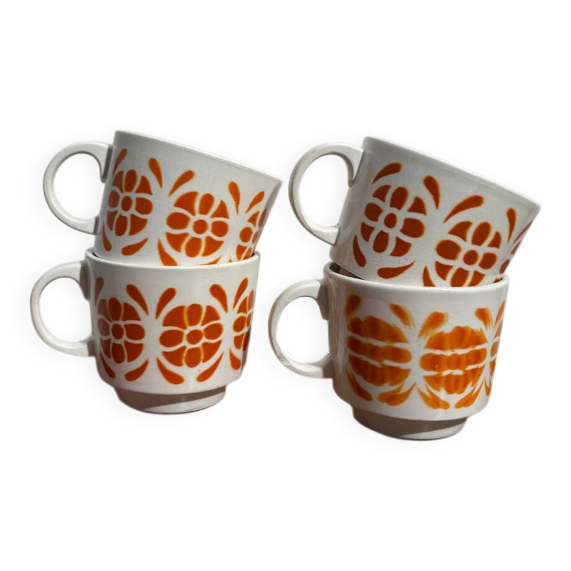 Vintage set of 4 Sarreguemines cups with orange decor
