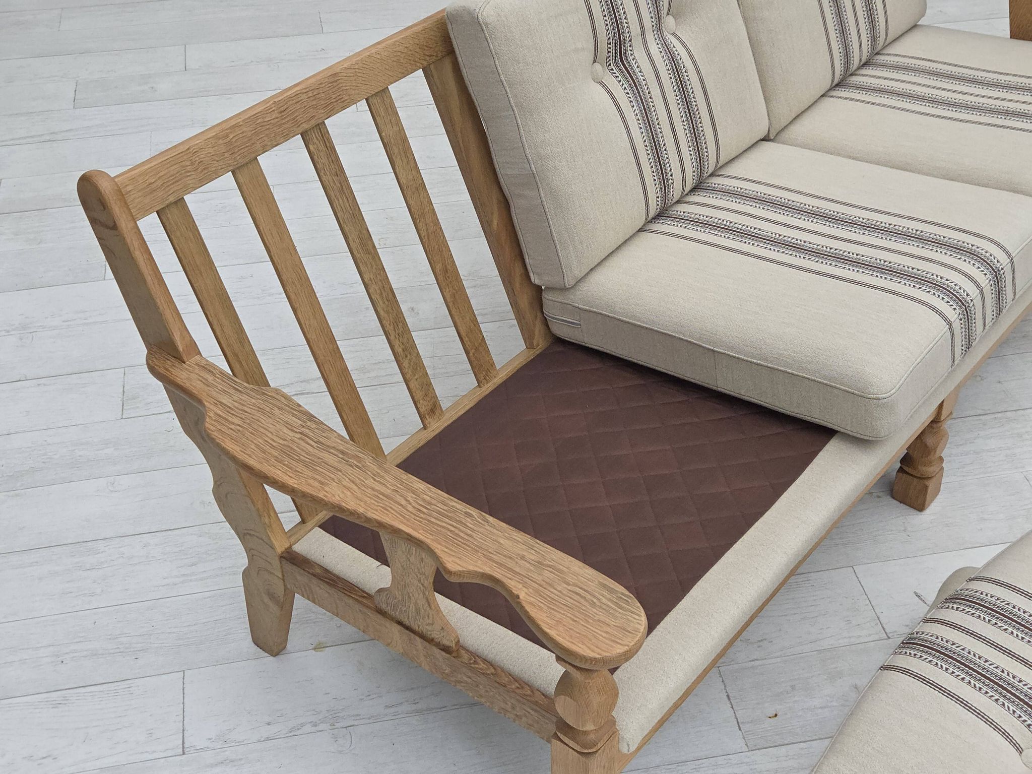 1970s, Danish 3-seater sofa, beige furniture wool, solid oak wood.