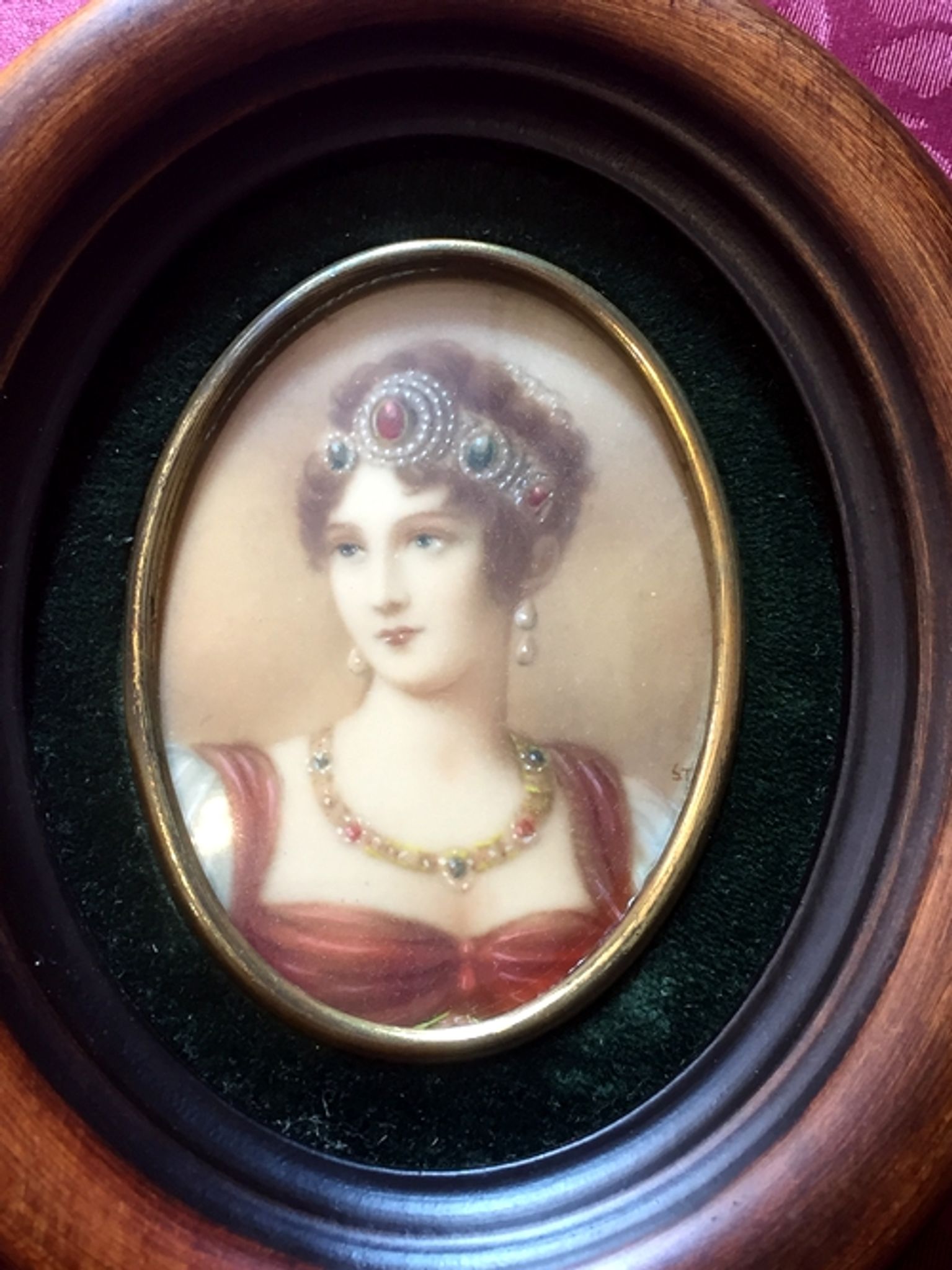 Miniature on ivory young woman elegant oval frame