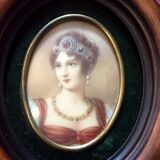 Miniature on ivory young woman elegant oval frame