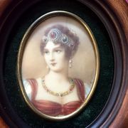 Miniature on ivory young woman elegant oval frame