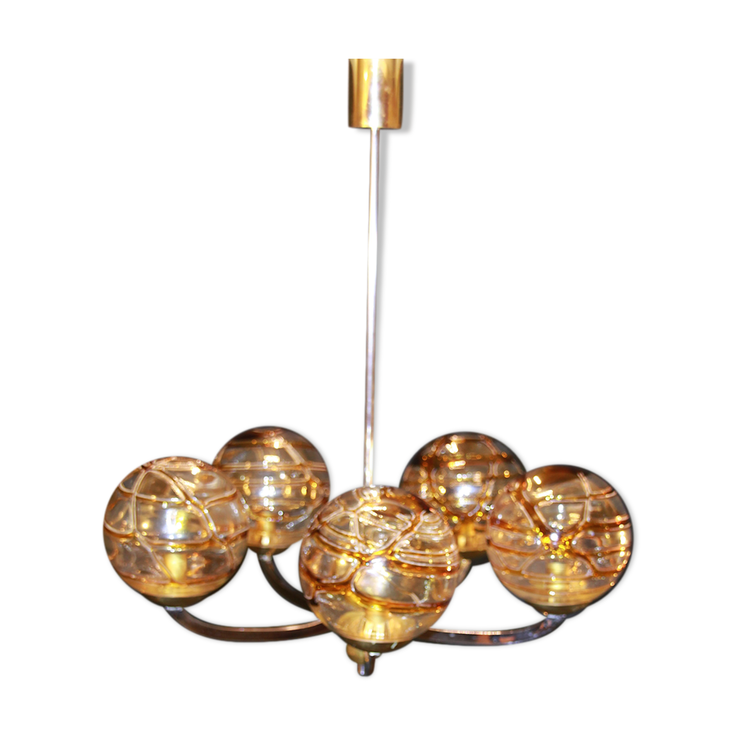 Mid 20th Century Amber Murano Glass Globe Textured,Chrome and Brass Chandelier, by Doria
