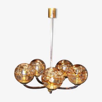 Mid 20th Century Amber Murano Glass Globe Textured,Chrome and Brass Chandelier, by Doria