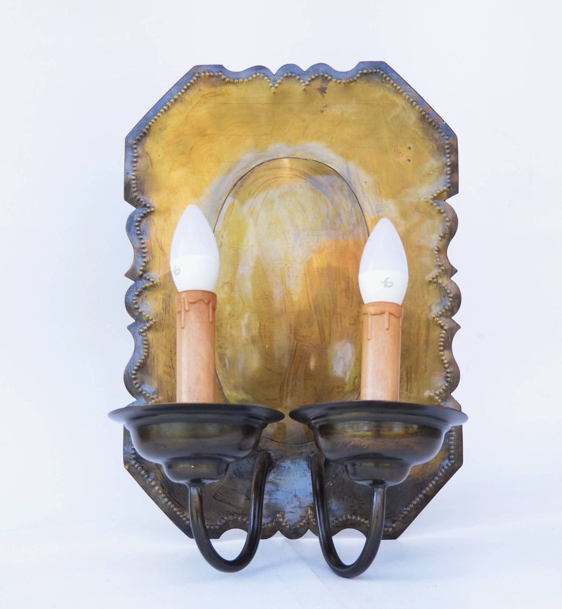Pair of Dutch Sconces Repusse Brass Two Light Wall Moun