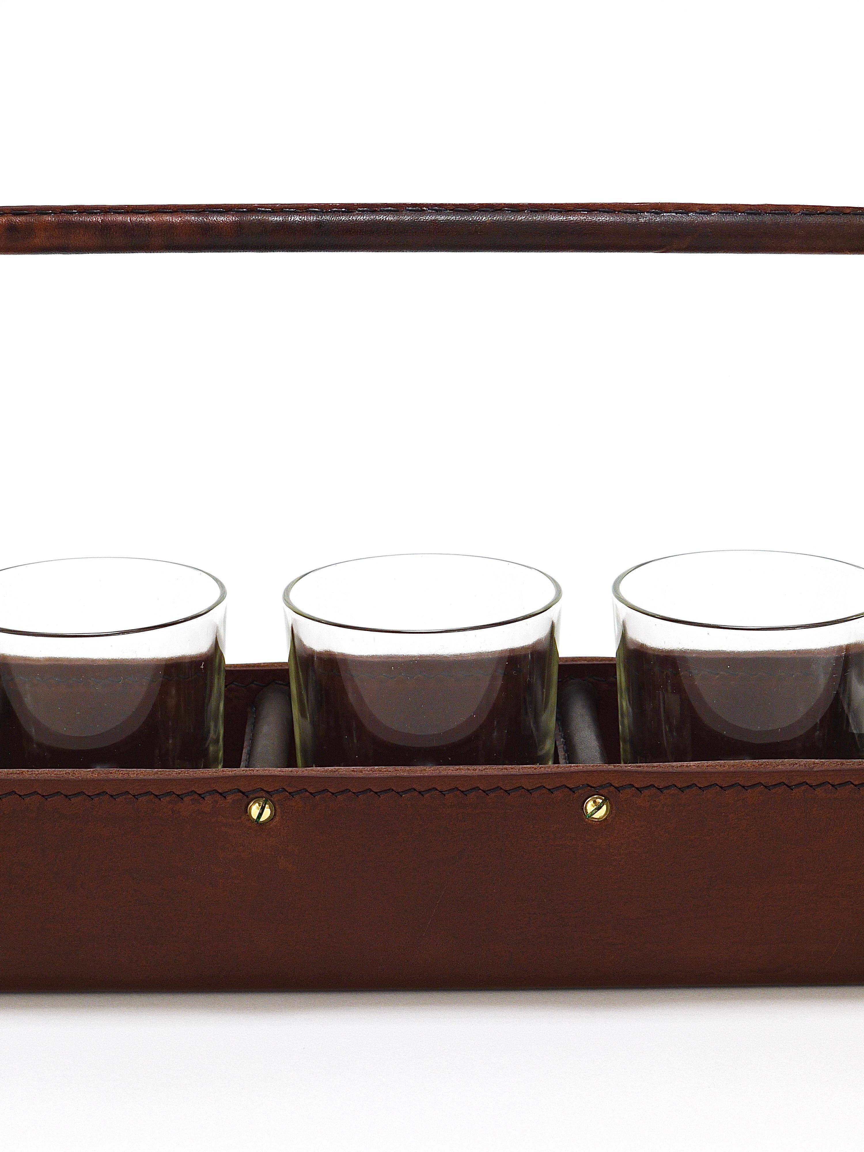 Carl Auböck II drinking glass holder, leather and brass, Austria 1950s