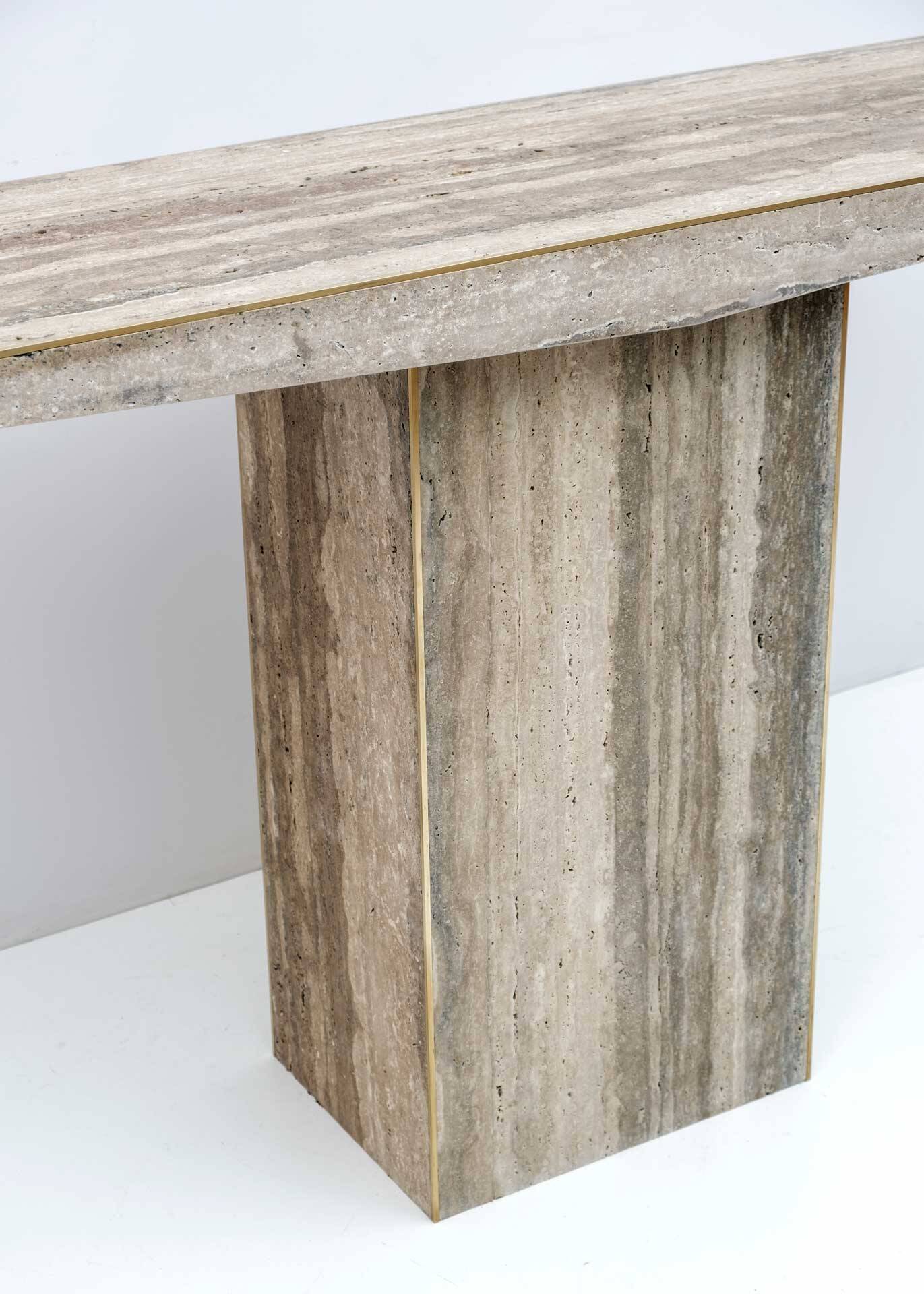 Mid Century Italian Unfilled Travertine and Brass Inlay Console Table
