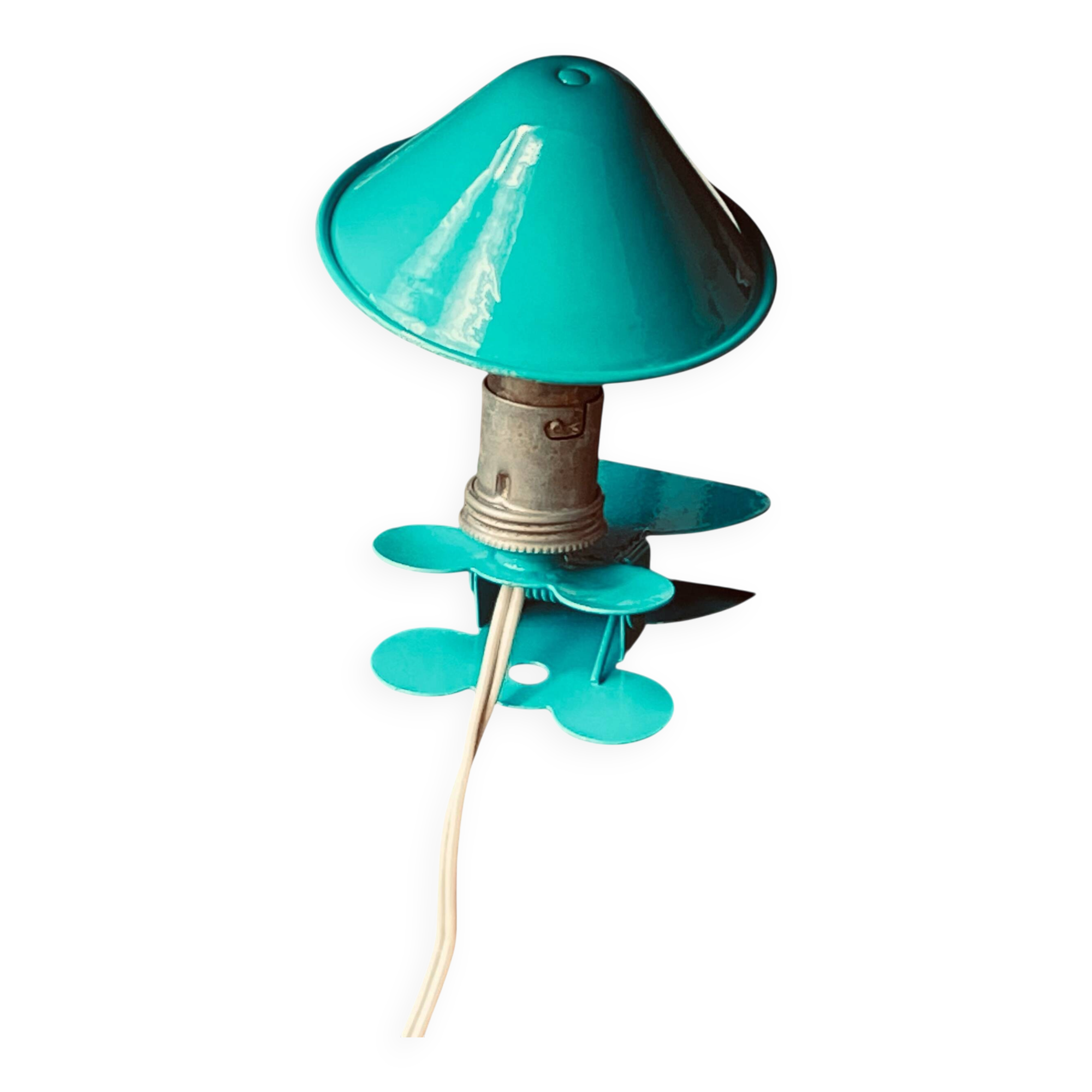 Small blue-green metal mushroom clip lamp vintage night light