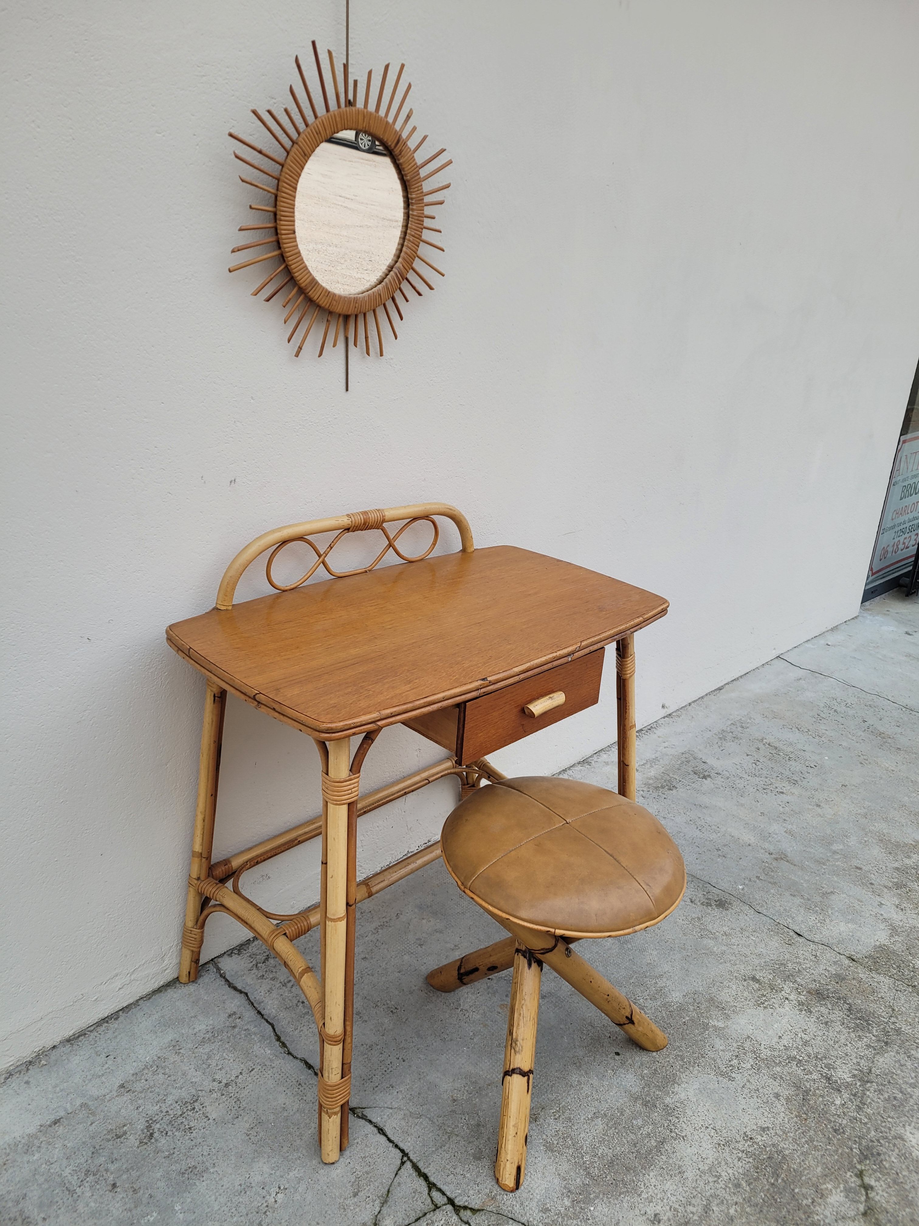 1950 vintage rattan dressing table with sun mirror