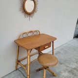 Coiffeuse en rotin vintage 1950 avec miroir soleil