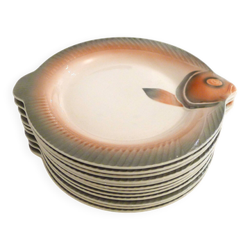 Set of 12 Fish Plates Digoin Sarreguemines