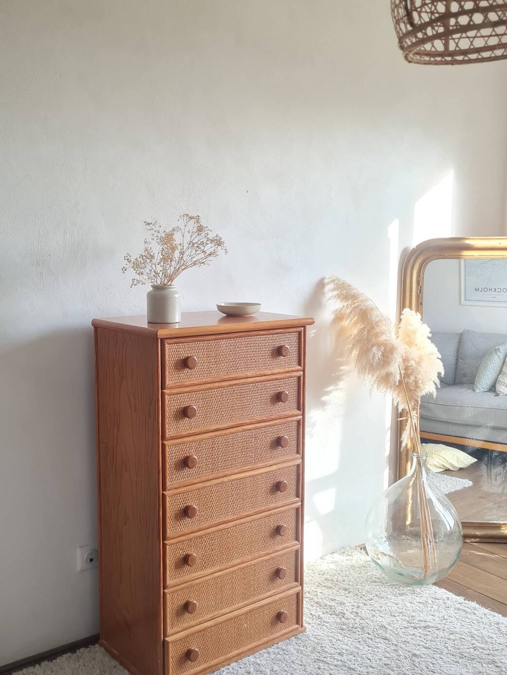 Vintage wicker chest of drawers.